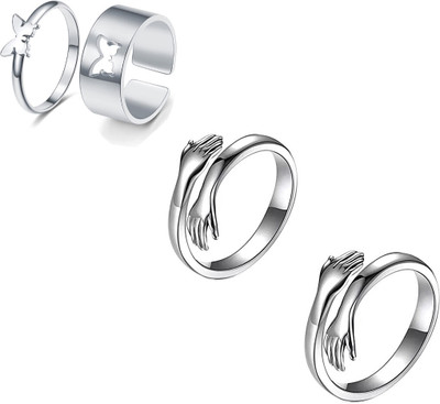 MA Enterprises Silver plated Couple Butterfly and Hug Ring Combo For Men and Women Alloy Silver Plated Ring Set