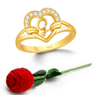 VIGHNAHARTA Valentine '' G '' Letter with heart ring with Rose Box for women and Girls Brass Cubic Zirconia Gold Plated Ring Set
