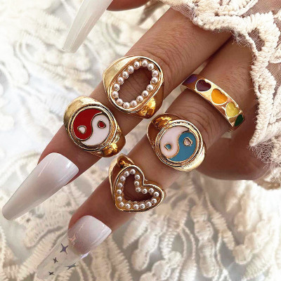 Arzonai Y2K gossip heart-shaped oval pearl ins fashion design color 5-Pcs joint ring set Metal Ring Set