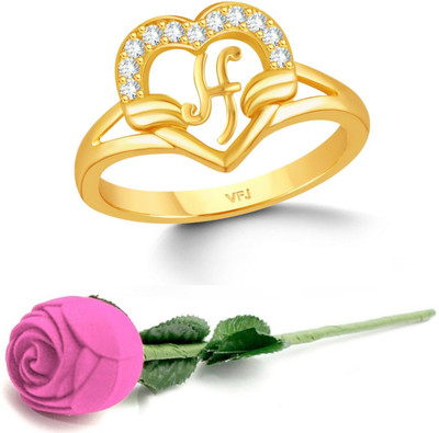 VIGHNAHARTA Valentine '' H '' Letter with heart ring with Rose Box for women and Girls Brass Cubic Zirconia Gold Plated Ring Set
