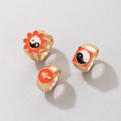 Arzonai wind ring mushroom geometric golden exaggerated 3 large drops of oil ring Metal Ring Set