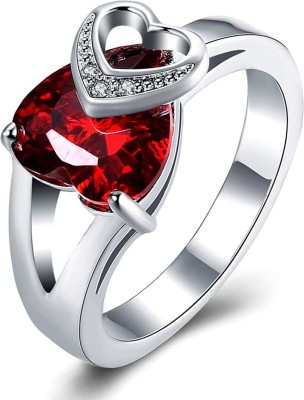 YELLOW CHIMES Valentine Special Silver Toned Red Heart Crystal Finger Ring for Women Crystal Crystal Silver Plated Ring