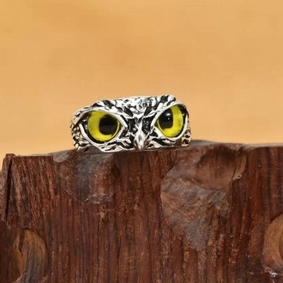 Stylewell Stylish Owl Yellow Eye Ring For Boys And Girls Adjustable Lucky Ring Stainless Steel Silver Plated Ring