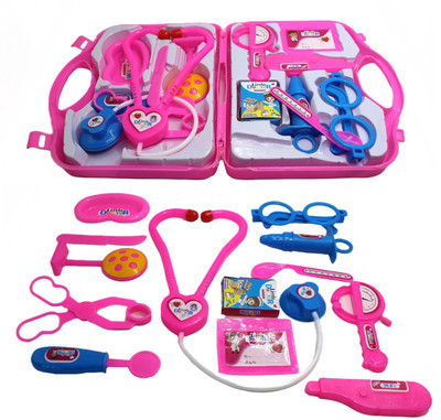 neoinsta shopping 13pc doctor set with stethoscope, injection and other tools pink color