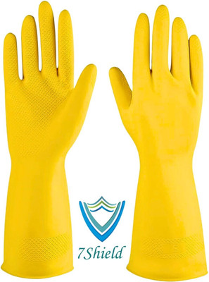 7SHIELD 1Pair Yellow Rubber Gloves – Waterproof, Reusable, for Kitchen & Home Cleaning Rubber  Safety Gloves(Pack of 2)