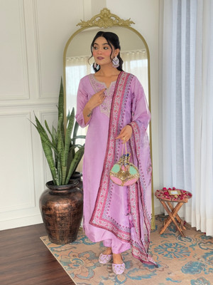 Fabrion Embroidered Kurta, Trouser/Pant & Dupatta Set