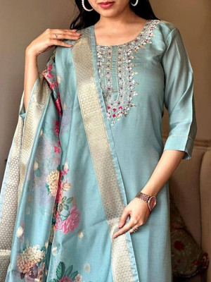 LIZORD FAB Women Embroidered A-line Kurta(Light Blue)