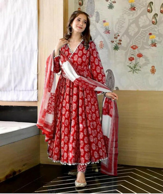 Meetara Creation Polka Print Anarkali Kurta, Bottom & Dupatta Set