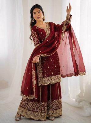 i kodal Embroidered Kurta, Palazzo & Dupatta Set