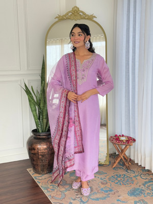 GlimmerGown Embroidered Kurta, Trouser/Pant & Dupatta Set