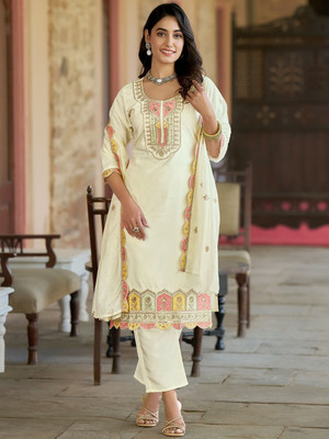 PRISTINO Embroidered Kurta, Trouser/Pant & Dupatta Set
