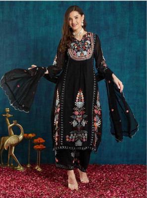 HOUSE OF COMMON Embroidered Anarkali Kurta, Bottom & Dupatta Set