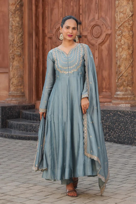 TEAL TITALI Embroidered Anarkali Kurta, Bottom & Dupatta Set