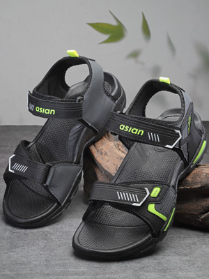 asian Men Sports Sandals(Black, Green , 8)