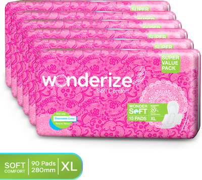 Wonderize Soft Comfort Extra Absorption XL Sanitary Napkins - 90 Pads with Uniquely Shaped Flaps & Soft Cover, Combo Pack Sanitary Pad(Pack of 6)