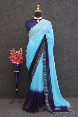 agb tex Temple Border, Self Design Bollywood Georgette Saree(Light Blue)