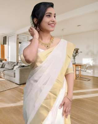 ShriSaree Woven Kasavu Pure Cotton Saree(White)