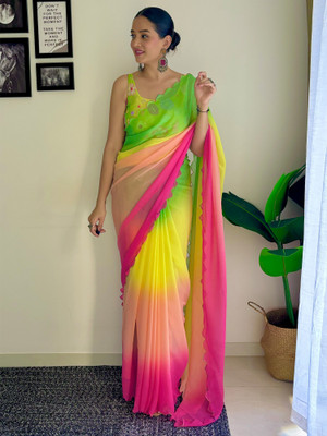 SICHYAH Solid/Plain, Ombre Bollywood Georgette Saree(Green, Pink)