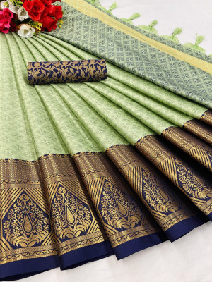 HouseOfCommon Printed Dharmavaram Silk Blend Saree(Green)