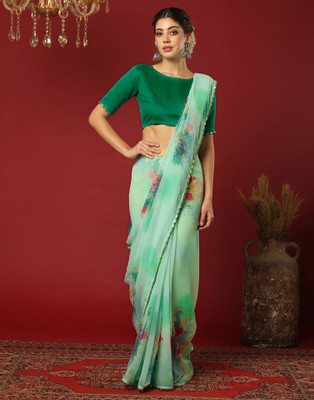 Samah Printed, Embellished Bollywood Georgette Saree(Green)