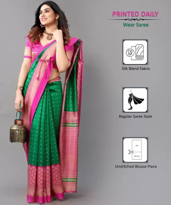 Grubstaker Printed Assam Silk Art Silk Saree(Green)