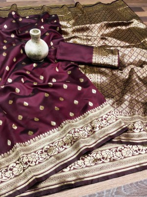 signagraph Woven, Temple Border Banarasi Satin, Art Silk Saree(Maroon)