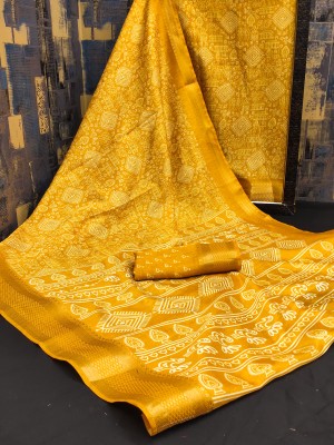 Hema Silk Mills Printed Bandhani Cotton Silk Saree(Yellow)