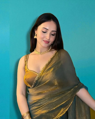 ANJAVI FASHION Solid/Plain Bollywood Tissue, Pure Silk Saree(Gold)