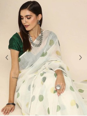 Saaransh Woven, Graphic Print, Digital Print Kanjivaram Linen, Cotton Silk Saree(White)