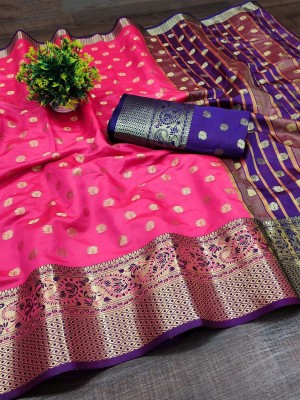 DHABUDI Paisley, Temple Border, Woven Banarasi Pure Silk, Jacquard Saree(Multicolor, Blue)