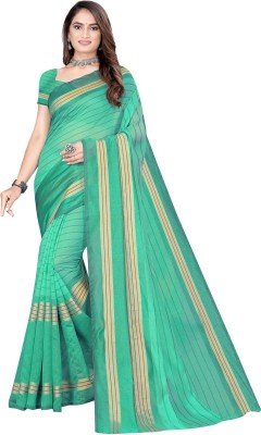 Silkbazar Striped Bollywood Cotton Silk Saree(Green)