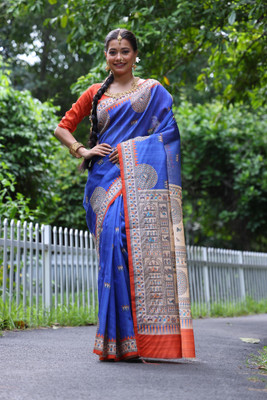Tasrika Printed Madhubani Tussar Silk Saree(Blue)