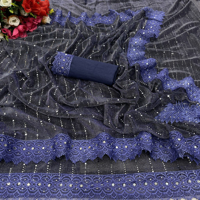 HouseOfCommon Digital Print Daily Wear Lycra Blend Saree(Dark Blue)