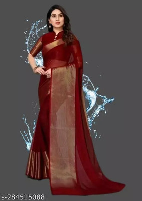 Vragi Self Design Chanderi Chiffon Saree(Maroon)