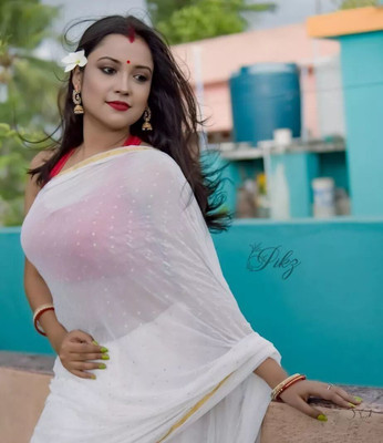Desi Style Polka Print Bollywood Net, Chiffon Saree(White)