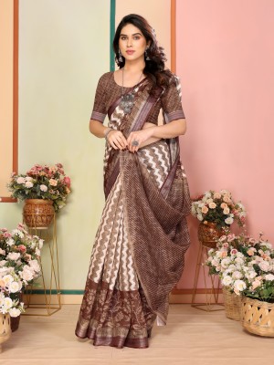 StyleDeal Printed, Geometric Print, Digital Print Daily Wear Cotton Linen Saree(Brown)