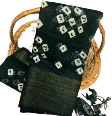 Adrika Printed Bandhani Pure Cotton Saree(Black)