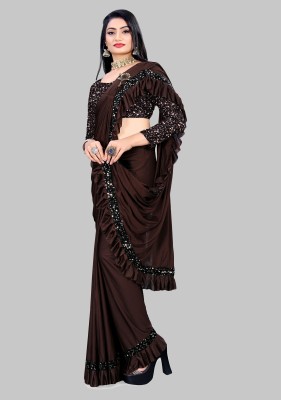 HouseOfCommon Embellished, Solid/Plain Bollywood Lycra Blend Saree(Brown)