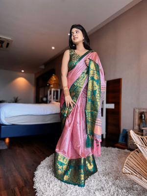 Aika Woven Kanjivaram Silk Blend Saree(Pink, Dark Green)