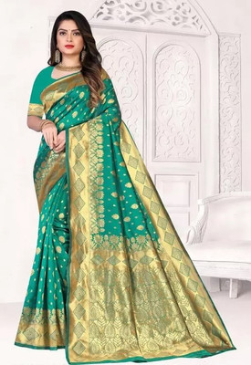 GREEN PEARS Woven Banarasi Jacquard Saree(Light Blue)
