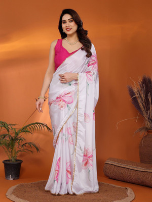 ROOP SUNDARI SAREES Floral Print, Hand Painted Bollywood Silk Blend Saree(Pink)