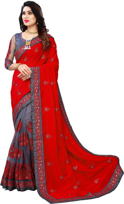 b bella creation Embroidered Bollywood Net Saree(Red)