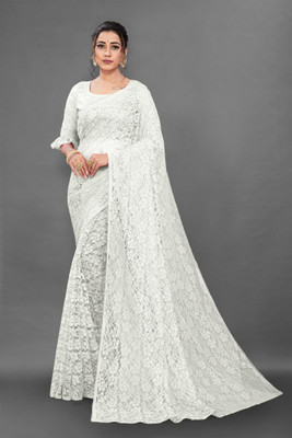 Nancy Fashion Self Design Bollywood Net Saree(White)