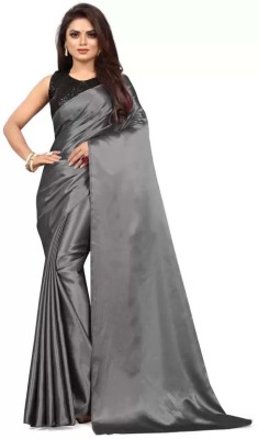 Aruna Sarees Solid/Plain Bollywood Satin Saree(Grey)