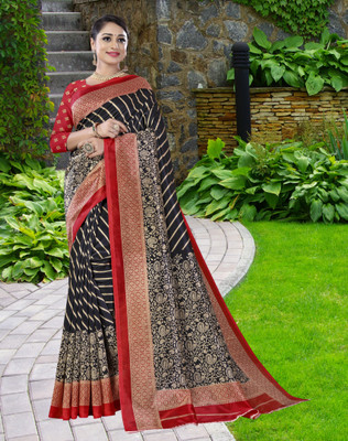 shree laxmi Floral Print Banarasi Cotton Silk Saree(Black)
