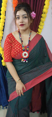 HouseOfCommon Woven Handloom Pure Cotton Saree(Green)