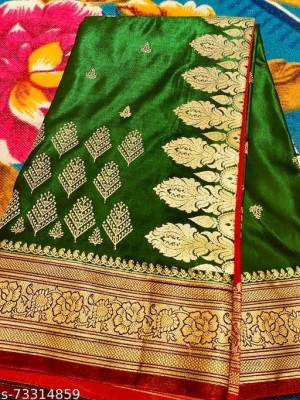 Haniyasarees Embroidered Banarasi Satin Saree(Dark Green)