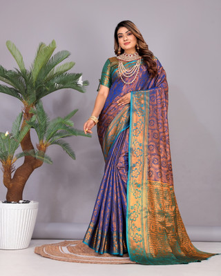 Jyanshu Creation Floral Print Kanjivaram Silk Blend Saree(Blue)