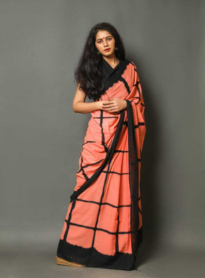 NIKHILAM Printed Daily Wear Pure Cotton Saree(Orange)