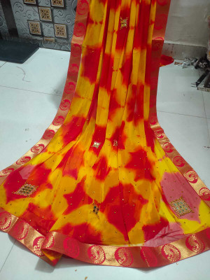 NeeLKANTH ENTERPRISE Checkered, Blocked Printed, Digital Print, Self Design, Hand Painted Bandhani Chiffon Saree(Red)